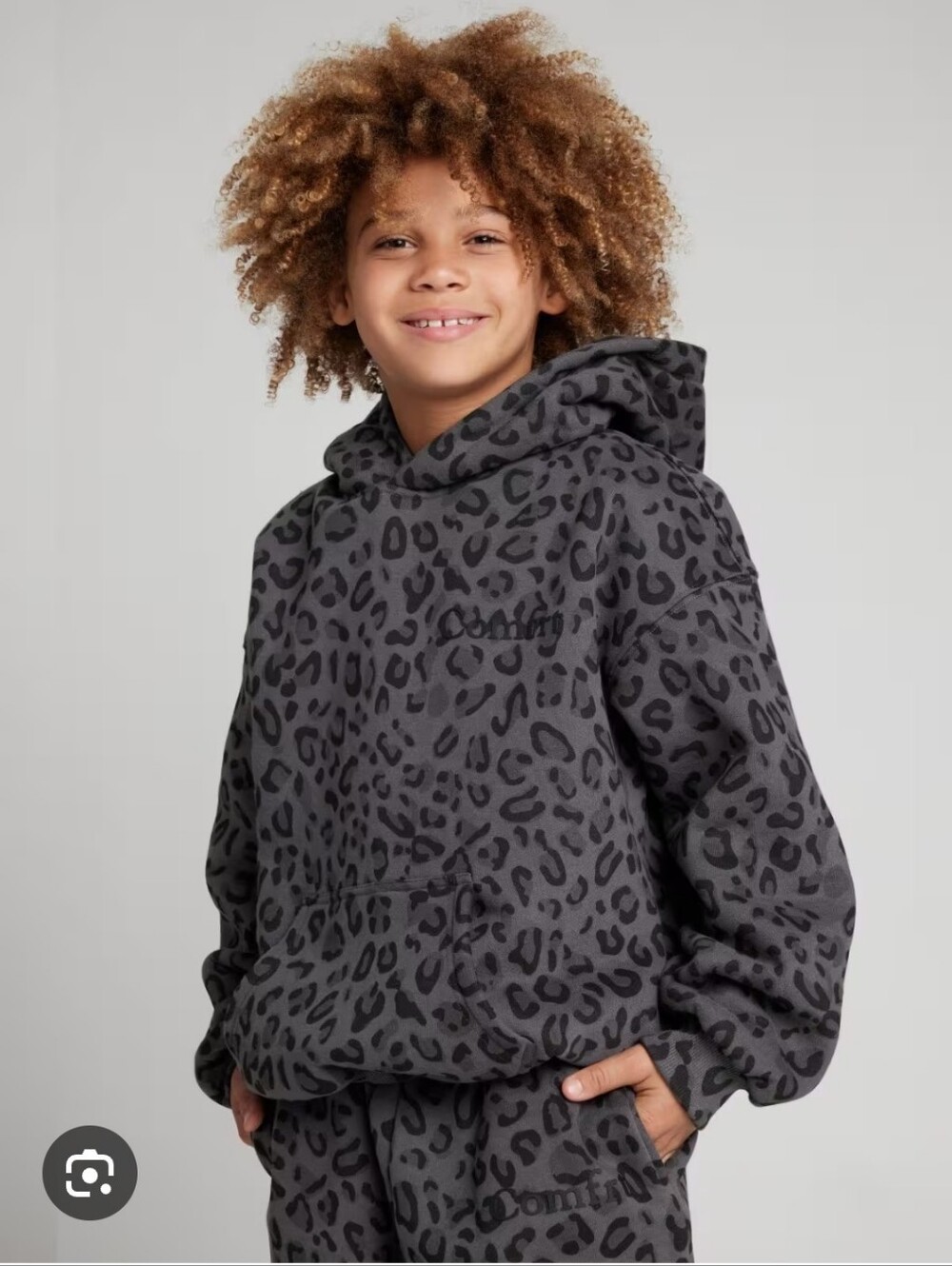 Kids' Grey Leopard Print Hoodie Comfrt Minimalist Cottagecore Retro Y2K Kangaroo